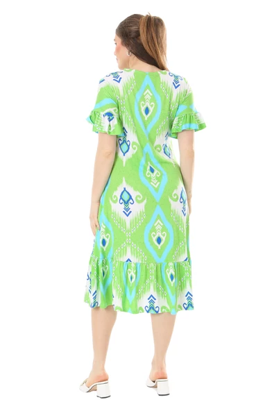 Melsay Butik Kısa Kollu Fırfırlı Cepli Yeşil Motif Desenli Midi Elbise - 6