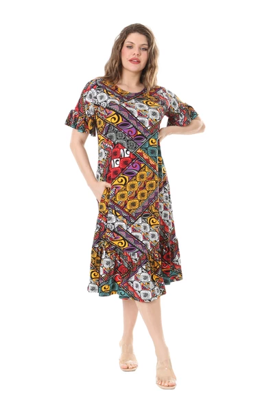 Melsay Butik Kısa Kollu Fırfırlı Cepli Sarı Patchwork Desenli Midi Elbise - 2