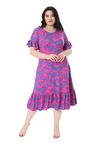 Melsay Butik Kısa Kollu Fırfırlı Cepli Pembe Mavi Mercan Desenli Midi Elbise