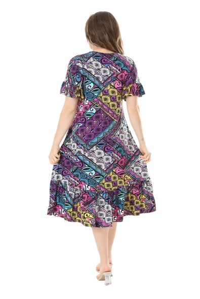 Melsay Butik Kısa Kollu Fırfırlı Cepli Mor Patchwork Desenli Midi Elbise - Resim 6