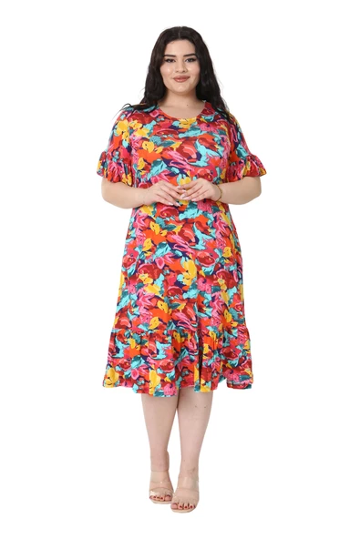 Melsay Butik Kısa Kollu Fırfırlı Cepli Sarı Gül Desenli Midi Elbise - Resim 5