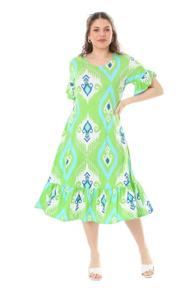 Melsay Butik Kısa Kollu Fırfırlı Cepli Yeşil Motif Desenli Midi Elbise - 2