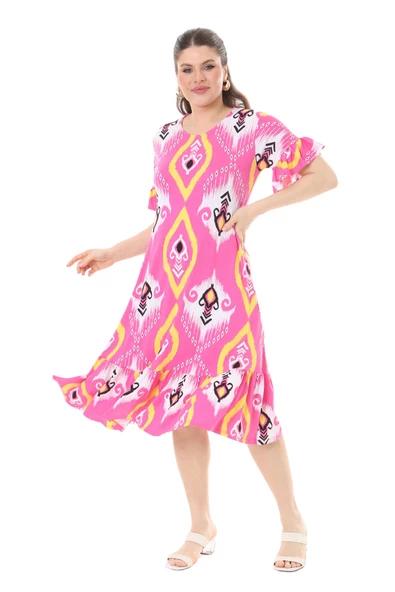 Melsay Butik Kısa Kollu Fırfırlı Cepli Pembe Motif Desenli Midi Elbise - 6