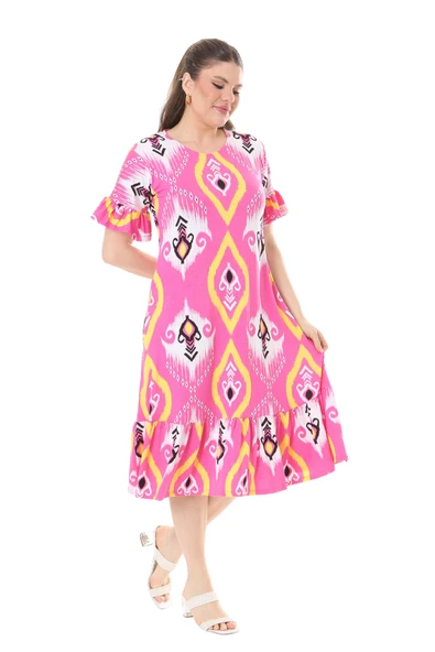 Melsay Butik Kısa Kollu Fırfırlı Cepli Pembe Motif Desenli Midi Elbise - 5