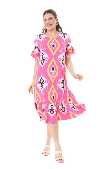 Melsay Butik Kısa Kollu Fırfırlı Cepli Pembe Motif Desenli Midi Elbise - 3