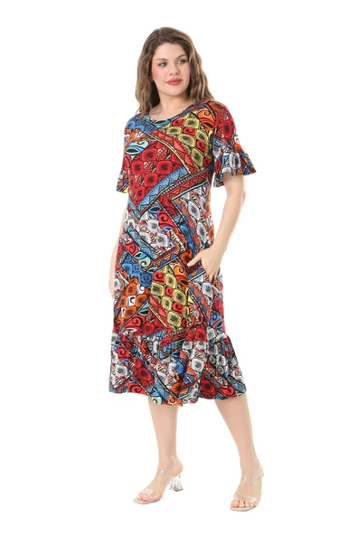 Melsay Butik Kısa Kollu Fırfırlı Cepli Mavi Patchwork Desenli Midi Elbise - Resim 3