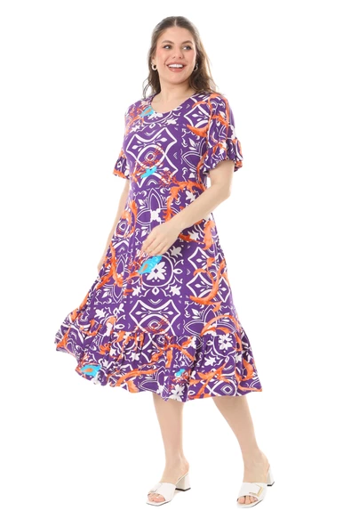 Melsay Butik Fırfırlı Cepli Kısa Kollu Mor Retro Desenli Elbise - Resim 3