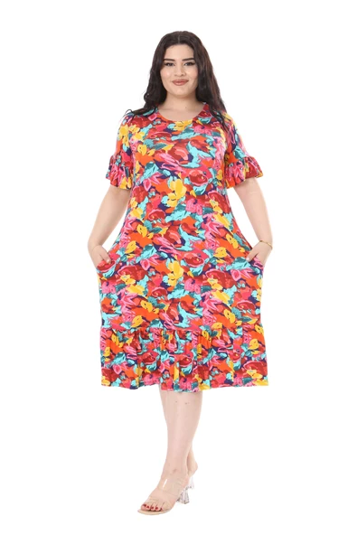 Melsay Butik Kısa Kollu Fırfırlı Cepli Sarı Gül Desenli Midi Elbise - Resim 4