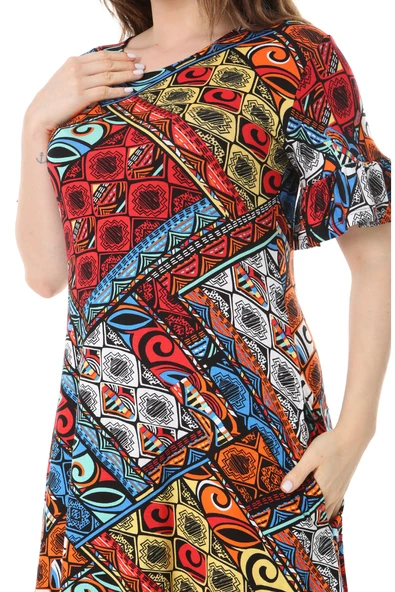 Melsay Butik Kısa Kollu Fırfırlı Cepli Mavi Patchwork Desenli Midi Elbise - Resim 5