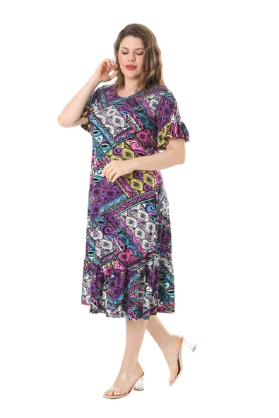 Melsay Butik Kısa Kollu Fırfırlı Cepli Mor Patchwork Desenli Midi Elbise - Resim 4