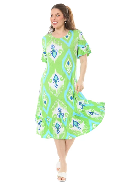 Melsay Butik Kısa Kollu Fırfırlı Cepli Yeşil Motif Desenli Midi Elbise - 3