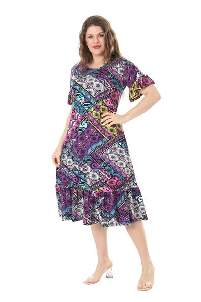 Melsay Butik Kısa Kollu Fırfırlı Cepli Mor Patchwork Desenli Midi Elbise - Resim 2