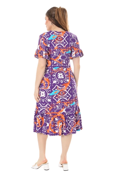 Melsay Butik Fırfırlı Cepli Kısa Kollu Mor Retro Desenli Elbise - Resim 6