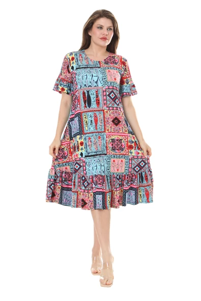 Melsay Butik Kısa Kollu Fırfırlı Cepli Mavi Çini Desenli Midi Elbise - Resim 2