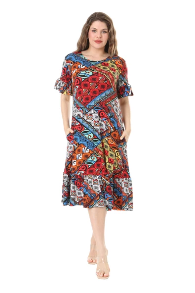 Melsay Butik Kısa Kollu Fırfırlı Cepli Mavi Patchwork Desenli Midi Elbise - Resim 2