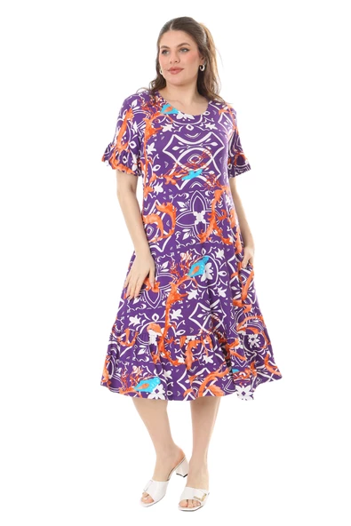 Melsay Butik Fırfırlı Cepli Kısa Kollu Mor Retro Desenli Elbise - Resim 2