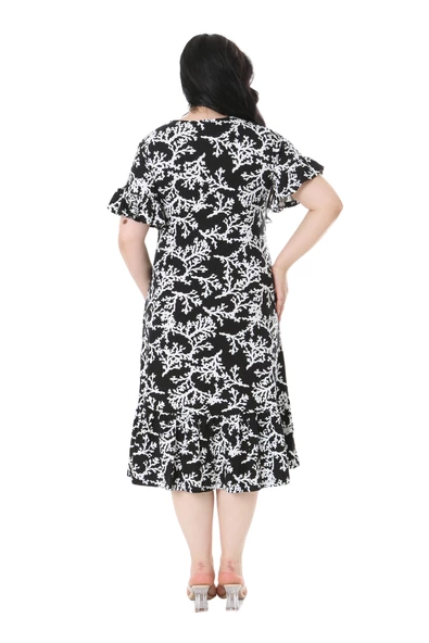 Melsay Butik Kısa Kollu Fırfırlı Cepli Siyah Beyaz Mercan Desenli Midi Elbise - 6