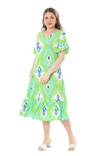 Melsay Butik Kısa Kollu Fırfırlı Cepli Yeşil Motif Desenli Midi Elbise - 4