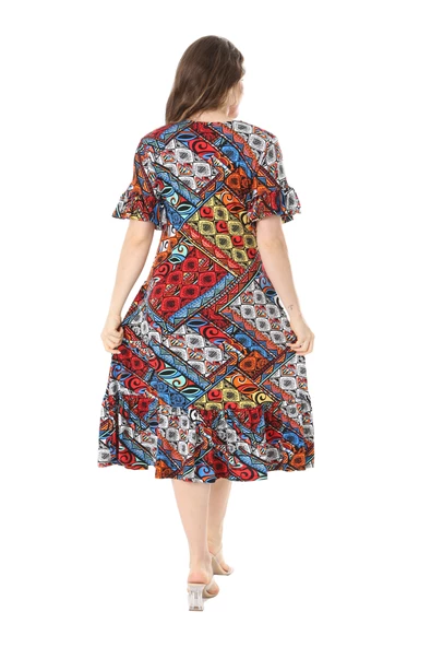 Melsay Butik Kısa Kollu Fırfırlı Cepli Mavi Patchwork Desenli Midi Elbise - Resim 6