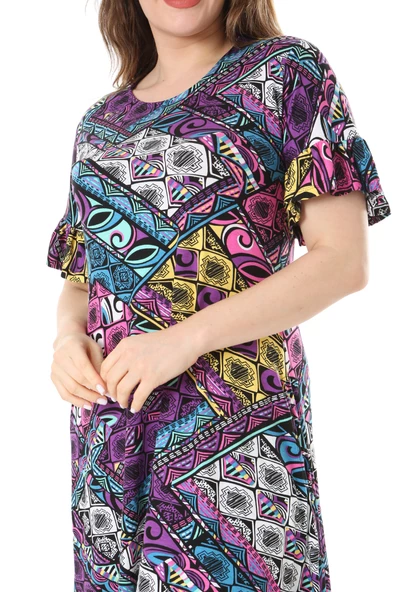 Melsay Butik Kısa Kollu Fırfırlı Cepli Mor Patchwork Desenli Midi Elbise - Resim 5