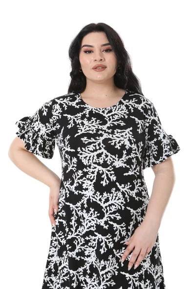 Melsay Butik Kısa Kollu Fırfırlı Cepli Siyah Beyaz Mercan Desenli Midi Elbise - 4