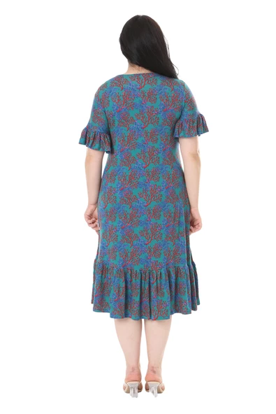 Melsay Butik Kısa Kollu Fırfırlı Cepli Mavi Küçük Mercan Desenli Midi Elbise - Resim 6