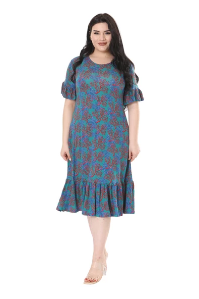 Melsay Butik Kısa Kollu Fırfırlı Cepli Mavi Küçük Mercan Desenli Midi Elbise - Resim 4