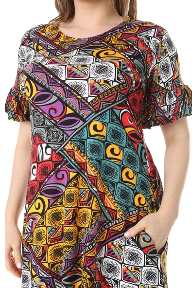 Melsay Butik Kısa Kollu Fırfırlı Cepli Sarı Patchwork Desenli Midi Elbise - 5