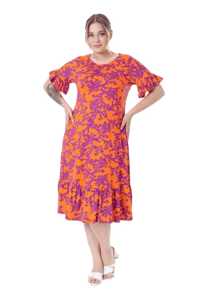 Melsay Butik Kısa Kollu Fırfırlı Cepli Turuncu Mor Mercan Desenli Midi Elbise - 4