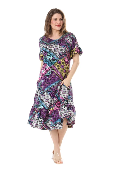 Melsay Butik Kısa Kollu Fırfırlı Cepli Mor Patchwork Desenli Midi Elbise - Resim 3