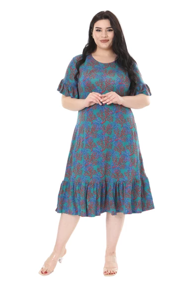 Melsay Butik Kısa Kollu Fırfırlı Cepli Mavi Küçük Mercan Desenli Midi Elbise - Resim 2