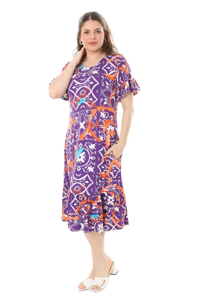 Melsay Butik Fırfırlı Cepli Kısa Kollu Mor Retro Desenli Elbise - Resim 5