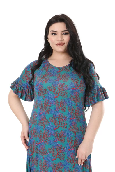 Melsay Butik Kısa Kollu Fırfırlı Cepli Mavi Küçük Mercan Desenli Midi Elbise - Resim 5