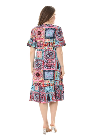 Melsay Butik Kısa Kollu Fırfırlı Cepli Mavi Çini Desenli Midi Elbise - Resim 6