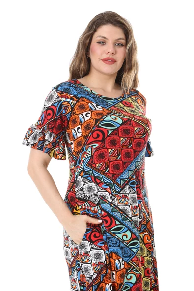 Melsay Butik Kısa Kollu Fırfırlı Cepli Mavi Patchwork Desenli Midi Elbise - Resim 4