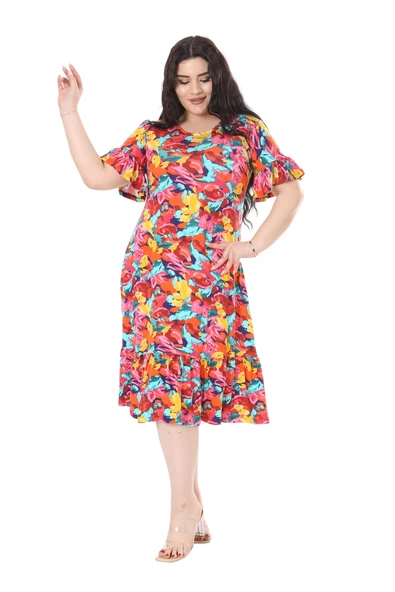 Melsay Butik Kısa Kollu Fırfırlı Cepli Sarı Gül Desenli Midi Elbise - Resim 3