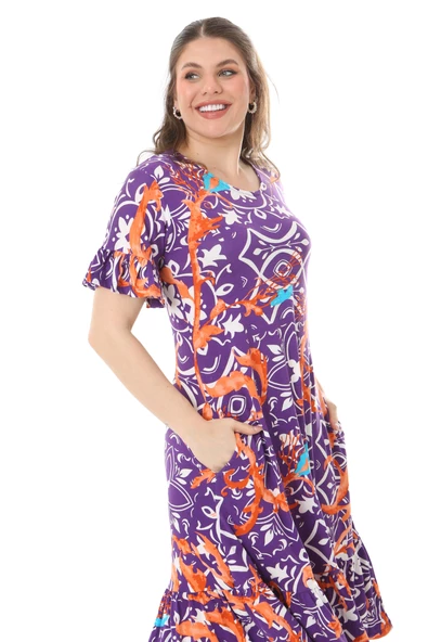 Melsay Butik Fırfırlı Cepli Kısa Kollu Mor Retro Desenli Elbise - Resim 4