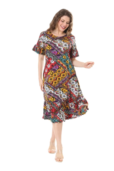 Melsay Butik Kısa Kollu Fırfırlı Cepli Sarı Patchwork Desenli Midi Elbise - 3