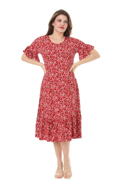 Melsay Butik Fırfırlı Cepli Kırmızı Çıtır Desenli Kısa Kollu Midi Elbise - Resim 2