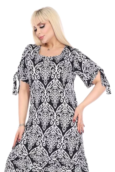 Melsay Butik Kolları Bağlamalı Kısa Kollu Beyaz Dantel Desen Midi Elbise - 5