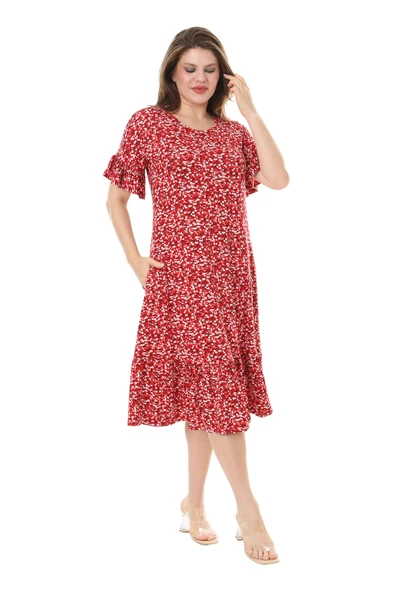 Melsay Butik Fırfırlı Cepli Kırmızı Çıtır Desenli Kısa Kollu Midi Elbise - Resim 3