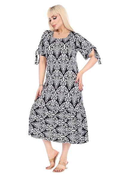Melsay Butik Kolları Bağlamalı Kısa Kollu Beyaz Dantel Desen Midi Elbise - 3