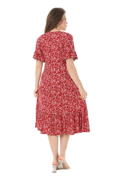 Melsay Butik Fırfırlı Cepli Kırmızı Çıtır Desenli Kısa Kollu Midi Elbise - Resim 6
