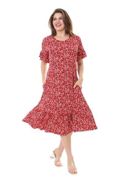 Melsay Butik Fırfırlı Cepli Kırmızı Çıtır Desenli Kısa Kollu Midi Elbise