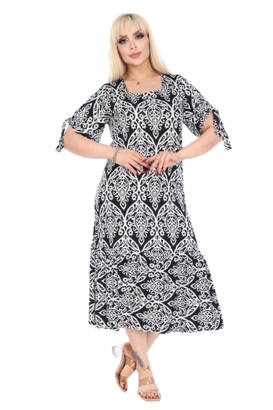 Melsay Butik Kolları Bağlamalı Kısa Kollu Beyaz Dantel Desen Midi Elbise - 2