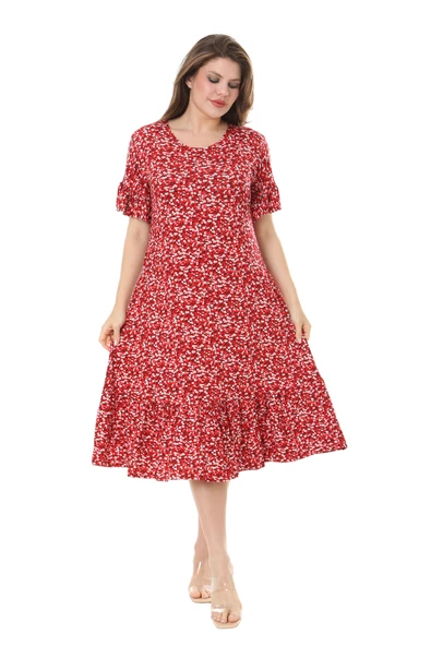 Melsay Butik Fırfırlı Cepli Kırmızı Çıtır Desenli Kısa Kollu Midi Elbise - Resim 4