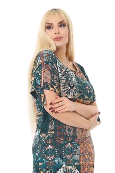 Melsay Butik Petrol Etnik Desen Kolları Bağlamalı Kısa Kollu Kadın Midi Elbise - 4