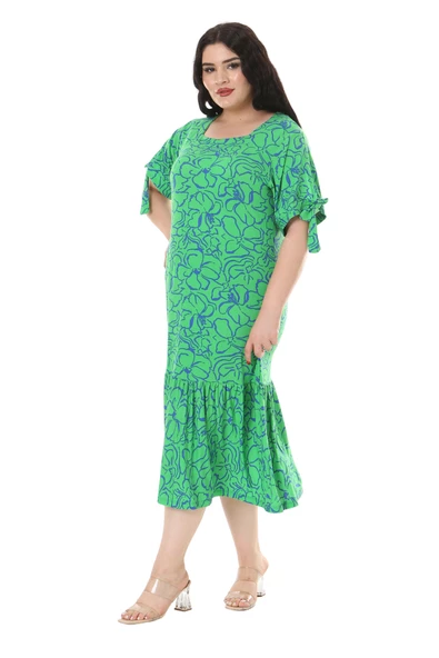 Melsay Butik Yeşil Çiçek Desen Kolları Bağlamalı Kısa Kollu Kadın Midi Elbise - 6