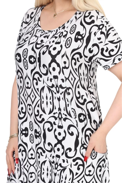 Melsay Butik Beyaz Siyah Kilim Desen Kuplu Cepli Kısa Kol Kadın Midi Elbise - Resim 6