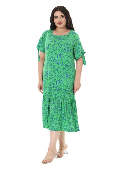 Melsay Butik Yeşil Çiçek Desen Kolları Bağlamalı Kısa Kollu Kadın Midi Elbise - 5